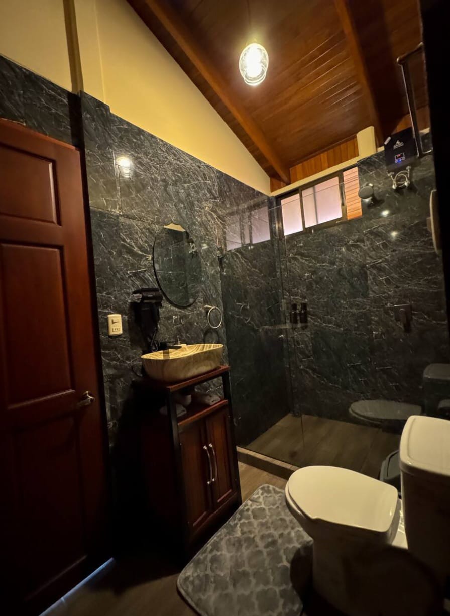 Modern bathroom with stone-tiled walk-in shower and hot water